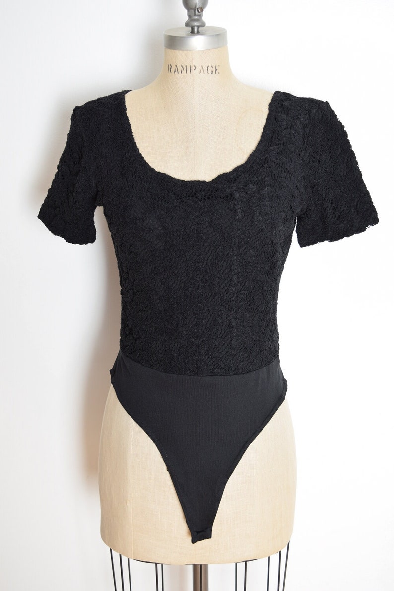 vintage 90s bodysuit top black crochet one piece shirt tee goth M