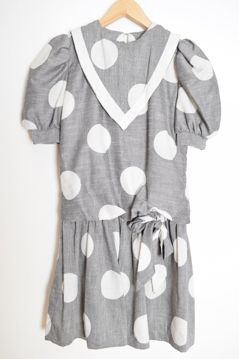 vintage 80s dress gray white polka dot print kinderwhore mini puff sleeve XS clothing image 2