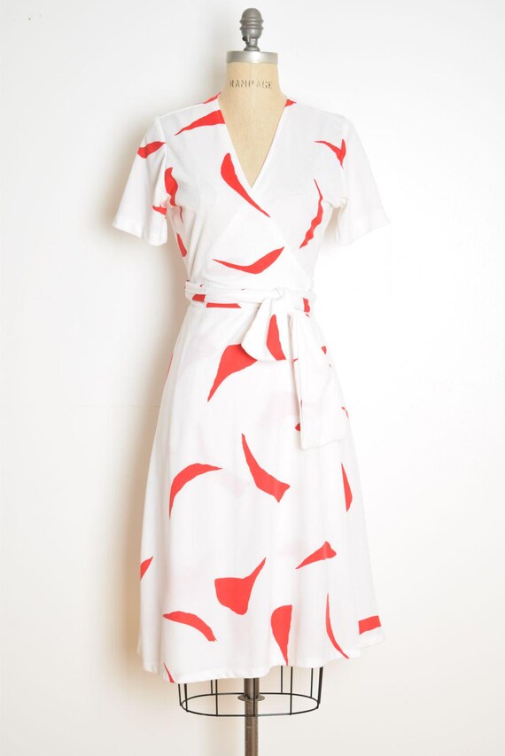 red and white wrap dress vintage 80s wrap dress white red abstract print knit midi sundress S