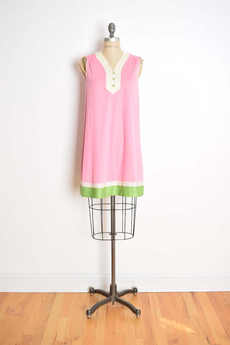 Vintage 60s Nachthemd roze nylon mod nachtjapon robe bed jas instellen lingerie jurk kleding M afbeelding 6