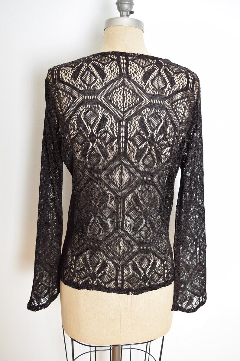 vintage 90s cardigan sheer black crochet bell sleeve goth lace jacket top M medium clothing