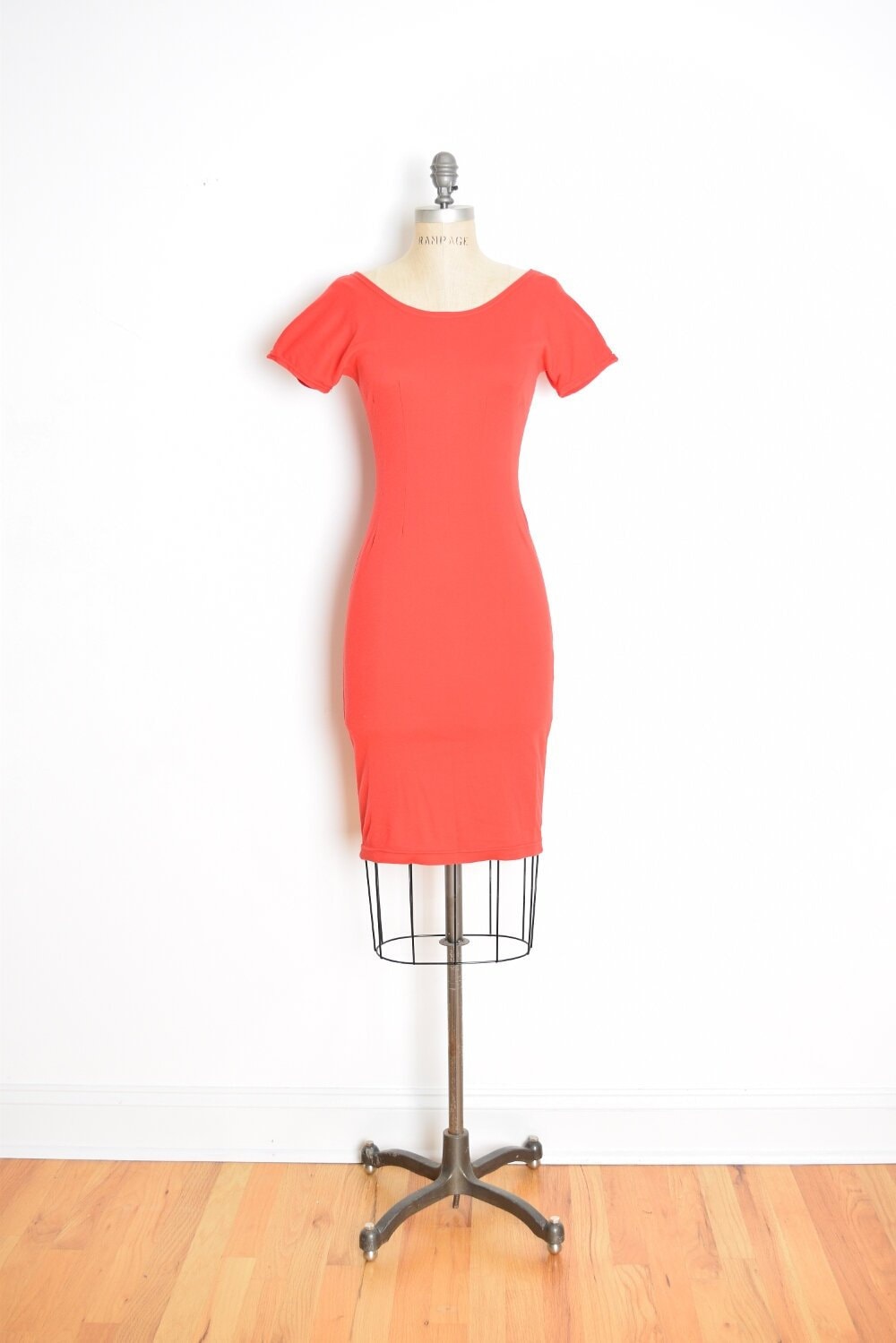 Vintage 90s Dress Red Knit Bandage Bodycon Tight Wide Neck Mini Dress XS S