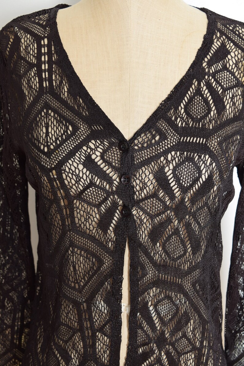 vintage 90s cardigan sheer black crochet bell sleeve goth lace jacket top M medium clothing