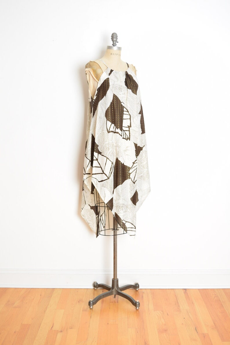 vintage 70s scarf dress white brown metallic floral print disco tunic mini L XL roses clothing image 2