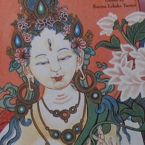 May include: A detailed illustration of a figure with closed eyes, decorated with floral and jewel-toned details. The artwork includes the text "Buddhism Through American Women's Eyes" against a warm orange background. The figure wears a necklace and earrings.