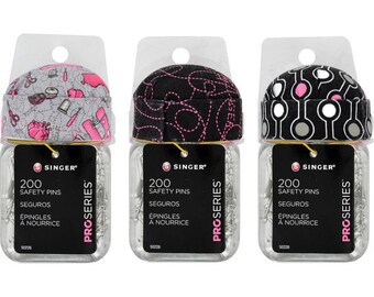 200 Safety Pins with Container and Pin Cushion Lid Singer Pro Series