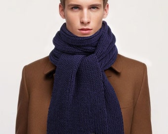 Écharpe en laine mérinos pour homme, écharpe en laine faite main, écharpe en tricot bleu marine, écharpe pour temps froid, écharpe longue unisexe
