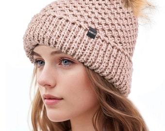 Merino wool knitted pompom hat with roll-up brim - hand knitted in the USA