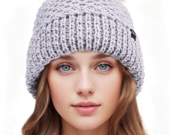 Merino wool knitted pompom hat with roll-up brim - hand knitted in the USA