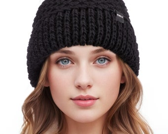 Merino wool knitted pompom hat with roll-up brim - hand knitted in the USA