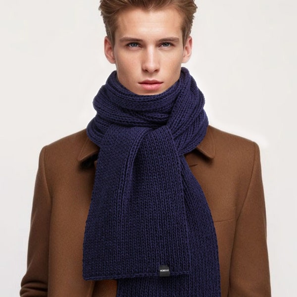 Mens Merino Wool Scarf,  Handmade Wool Scarf, Navy Knit Scarf,  Cold Weather Scarf, Unisex Long Scarf