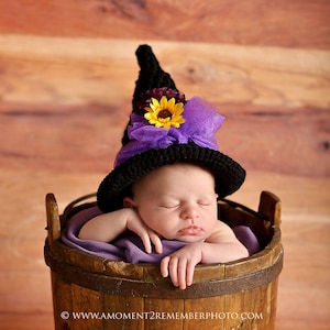 Halloween Witch Hat, Newborn Photo Prop,  Kids Witch Hat, Crochet Black Hat, Halloween Costume Hat - Sizes - Newborn to 4 years