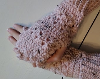 Women's Arm Warmers, Pink Fingerless gloves, Natural Alpaca Rose Quartz Tweed  - Ready to Ship