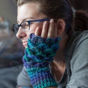 Womens Hat, Bun Beanie Hat and Fingerless Glove set, Dragon Scale Gloves, Womens Mittens,