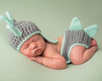 Newborn Photo Prop, Helmet Hat, Diaper Cover set, Dino Hat,  Dinosaur Costume,