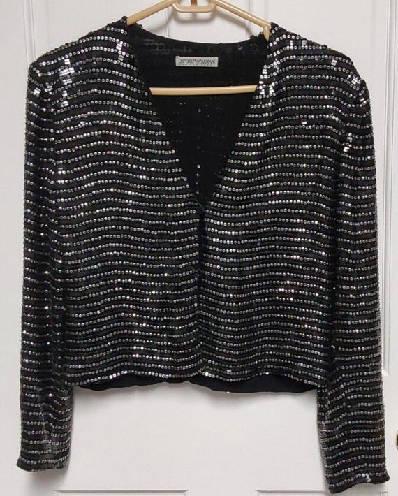 Emporio Armani, Rare Vintage Emporio Armani Sequin Cocktail Jacket Made In Italy Size TA42, US6 Art Deco Dinner Cruise 1980s