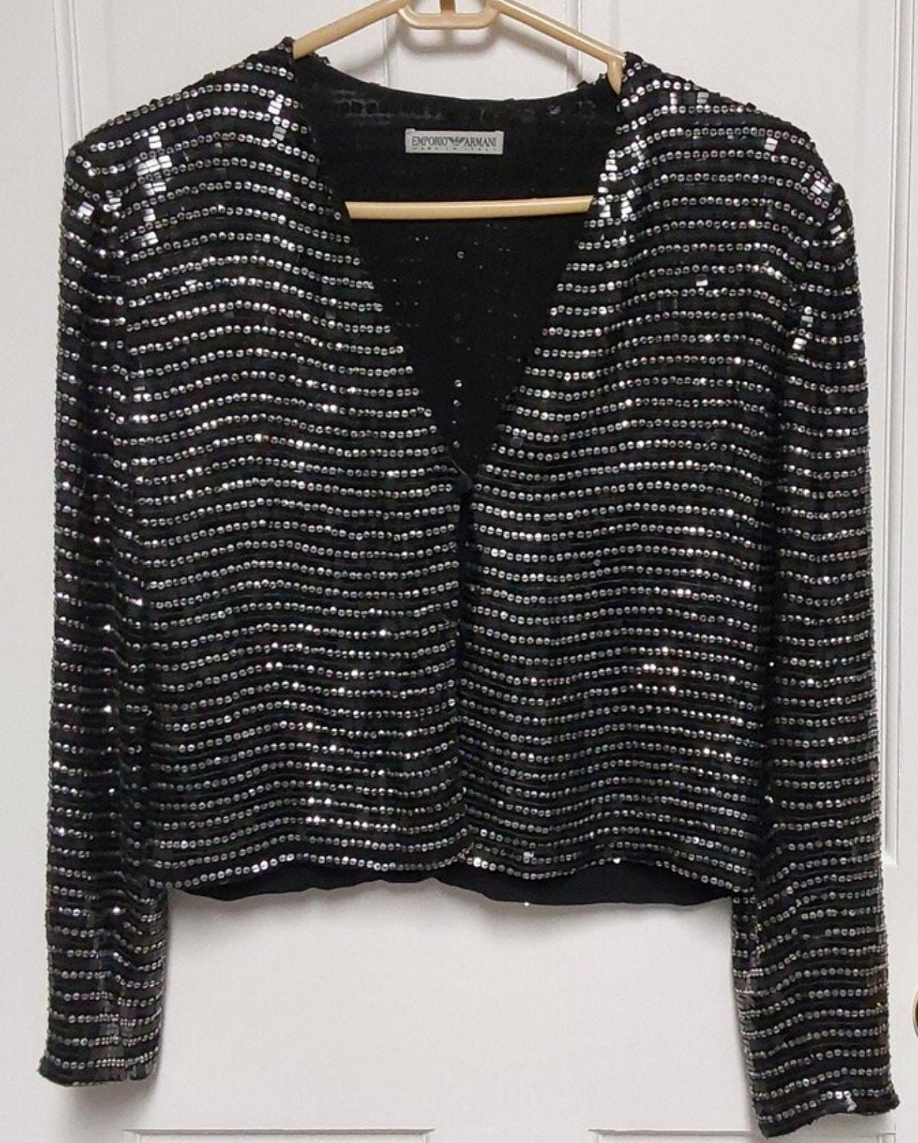 Emporio Armani, Rare Vintage Emporio Armani Sequin Cocktail Jacket Made In Italy Size TA42, US6 Art Deco Dinner Cruise 1980s