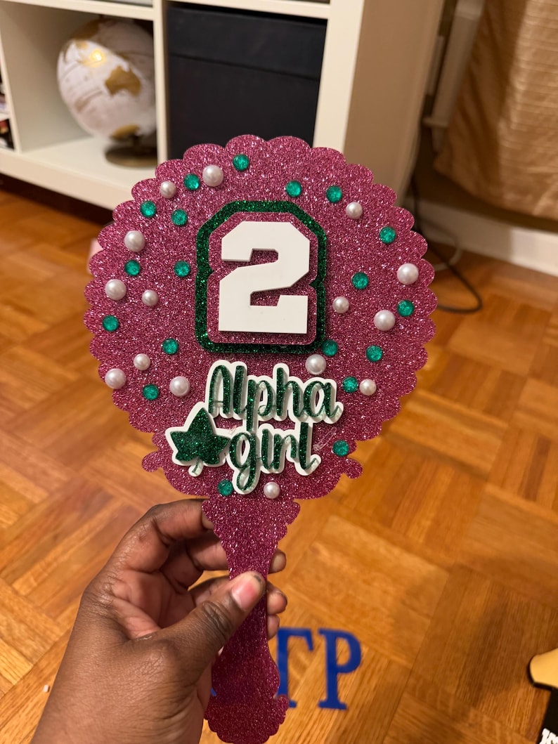 AKA Mirror, sorority mirror, pink and green mirror, crossing gift, custom mirror, handheld personalized mirror, pretty gir pink glitter