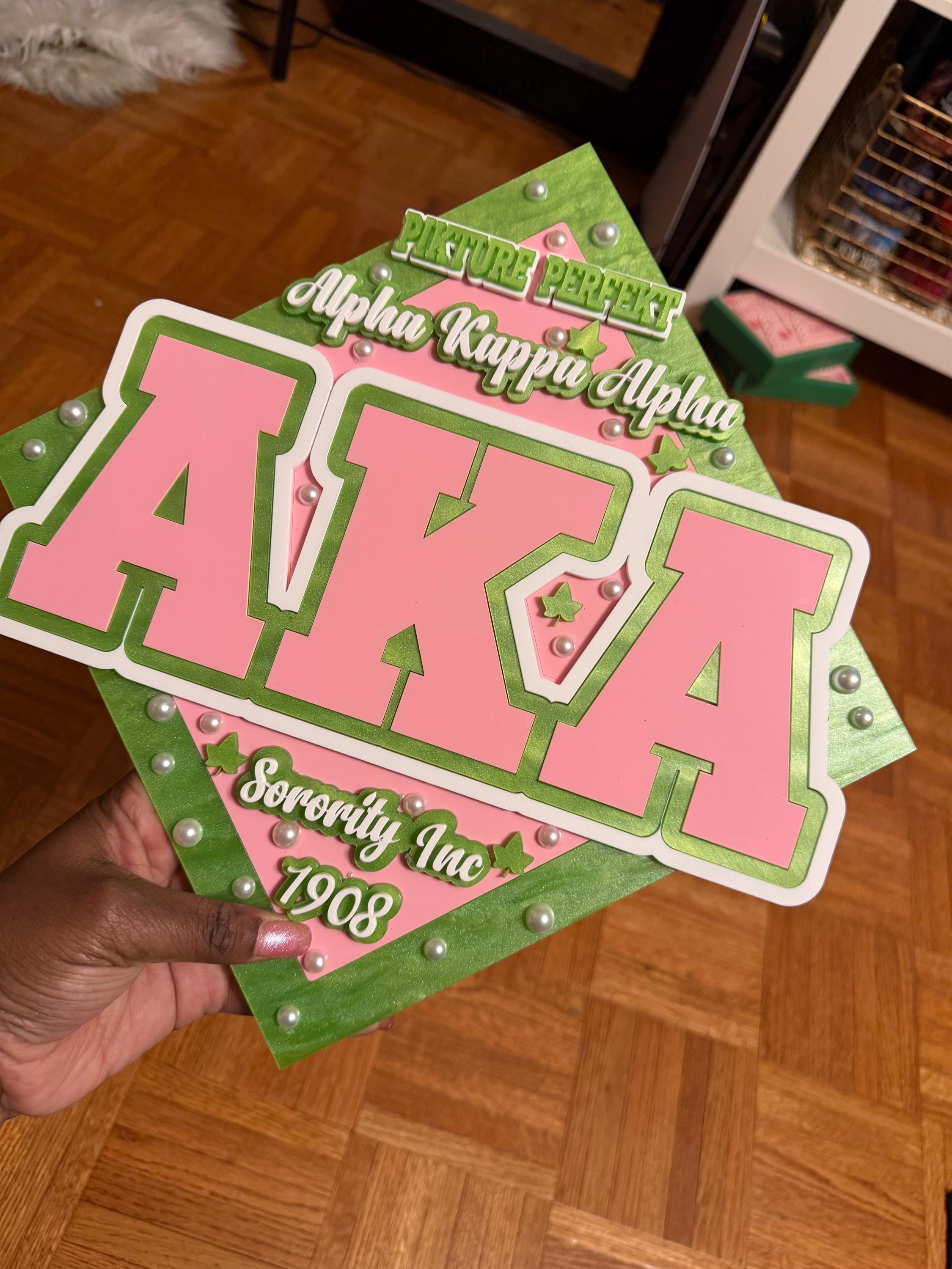 AKA ACRYLIC Graduation Cap Topper, Pink and Green Grad Cap Topper
