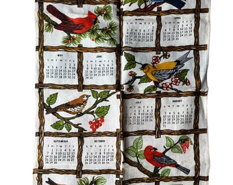 Vintage 1980 Linen Tea Towel Calendar with Birds