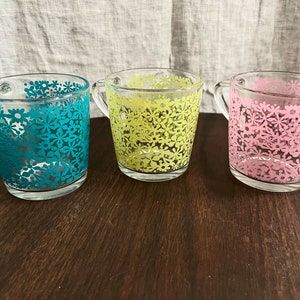 Lot de 3 tasses Godta Ikea vintage en verre transparent, expresso, motif floral vert rose bleu, fabriqué en France