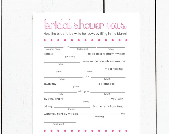Printable Funny Wedding Vows Mad Libs for Bridal Shower &amp; Bachelorette ...