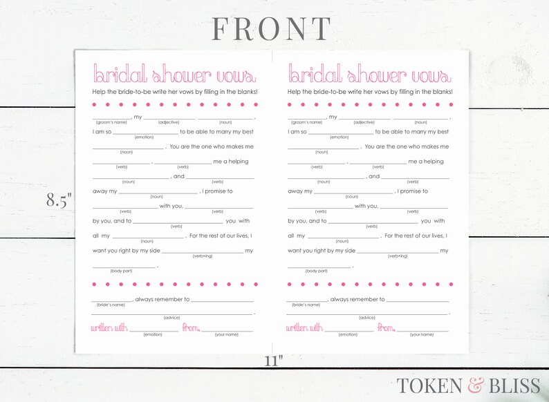 Printable Funny Wedding Vows Mad Libs for Bridal Shower 