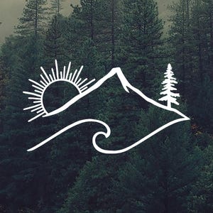 May include: White line art design featuring a mountain, sun, wave, and pine tree against a dark green forest background. The design evokes a sense of nature and outdoor adventure.