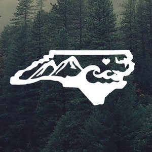 North Carolina Vinyl Decal - Bumper Sticker - State of North Carolina - Mountains and Waves