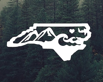 North Carolina Vinyl Decal - Bumper Sticker - State of North Carolina - Mountains and Waves