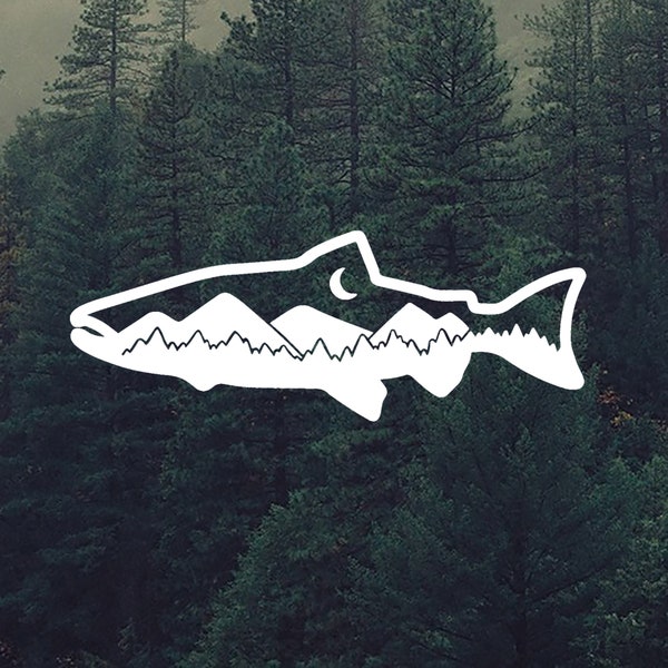 Salmon Mountain Vinyl Decal - Bumper Sticker - Mountain Scene - Salmon Sticker