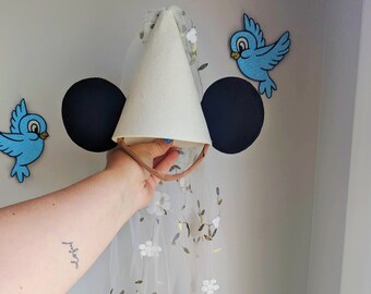 White Princess Miss Mouse veil hat headband. Floral embroidery hair accessory for her at The Parks. Ears for girls, kids, grownups. Bridal