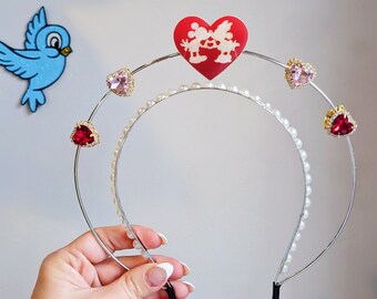 Sweetheart Nite Valentine Mickey and Minnie Halo Crown Headband - Gold Pearl theme park ears - Disney princess accessory -