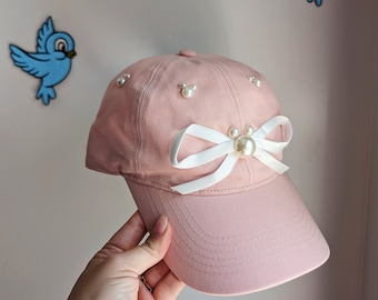 Bow Mickey Pearl pink baseball hat. Ears alternative for a day at The Parks. coquette mickey ear hat for her