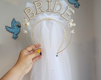 Bride Mickey Pearl Halo Crown with tulle bow veil. Pearl Wedding Crown Ears. Cinderella Birds Bridal Bachelorette Engagement Celebration