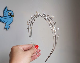 Silver Triple Layer pearl and rhinestone mickey inspired headband. Ear Alternative for the Parks