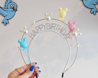 Alles Gute zum Geburtstag Micky Ballon Maus Perle Halo Krone. Silber oder Gold Stirnband