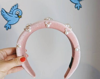 Samt Perle Micky Maus Haarband - du wählst Farbe! Statement Micky Perlenkrone - Minimal Disney Ohr Haarband - Perle Minnie Schleife