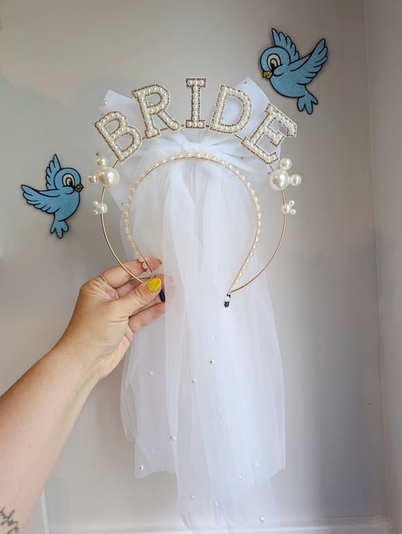 Bride Mickey Pearl Halo Crown With Tulle Bow Pearl Wedding