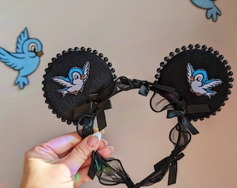 Black themed Cindy inspired blue bird and pearl cottage core Mickey Ears. Pearl mouse ears for the Parks. Bats Day, Goth bow ears