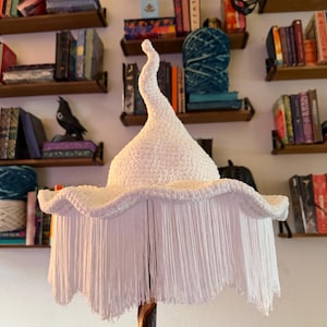 May include: A white, crochet lampshade with a wide brim and long fringe. The lampshade is supported by a dark wooden stand. The lampshade has a whimsical, handmade appearance, and is set against a backdrop of bookshelves filled with books.