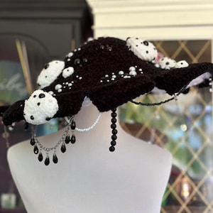 Giant Black and White Crochet Mushroom Hat – Beaded Toadstool Cap with Dangling Charms | Fantasy Goth Cottagecore Hat