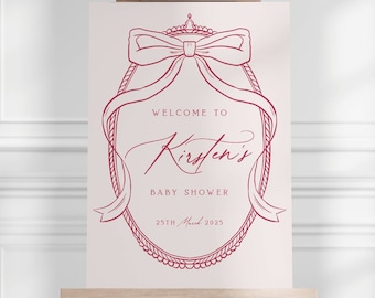 Baby Shower Welcome Sign with Ribbon Bow Detail, Baby Girl Boy, Welcome Baby Sign Print, Custom Personalised with Name, Pink Blue Neutral
