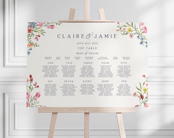 Plan de table fleurs sauvages, imprimé A0 A1 A2 panneau, plan de table floral coloré, mariage été printemps, table plan de table, grande plaque de mariage