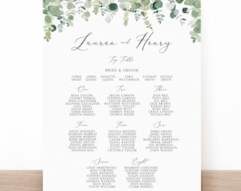 Wedding Table Plan Board A0 A1 A2 Wedding Sign, Eucalyptus Foliage Greenery Table Plan Seating Chart, Large Wedding Sign