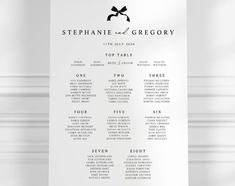 Wedding Table Plan Seating Chart with Black Ribbon Bow Detail, A0 A1 A2 Sign, Simple Black & White Monochrome Modern Decor, Large Table Plan