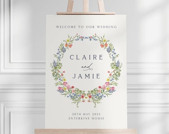 Personalised Wildflower Welcome Sign with Floral Frame, A0 A1 A2 Sign, Colourful, Floral, Summer Spring Wedding, Flower Wreath with Names