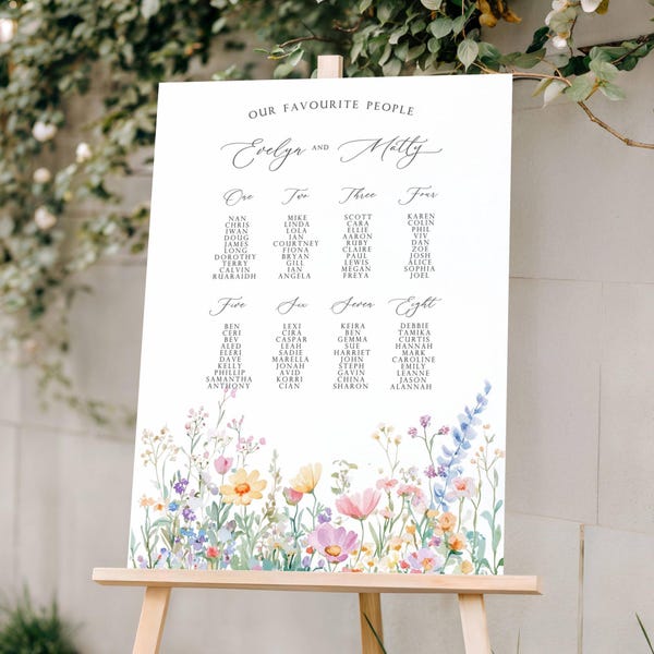 Letrero para el plano de mesas de boda con diseño floral en tonos pastel, impreso en tamaño A1/A2.