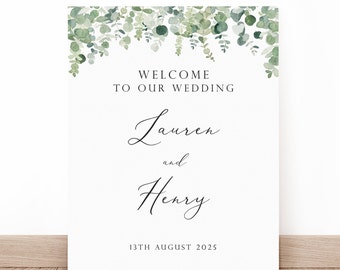 Wedding Welcome Sign with Eucalyptus Detail, Printed A0 A1 A2, Greenery Foliage Wedding Sign, Large Welcome Board, Wedding Entrance Decor