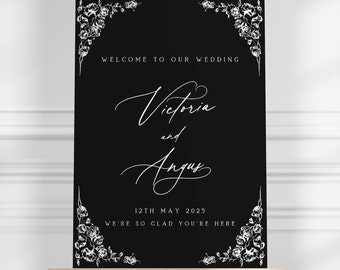 Wedding Welcome Sign, Black & White Wedding, Monochrome A0 A1 A2, Vintage Inspired, Country House Castle Wedding, Rose Detail Sign